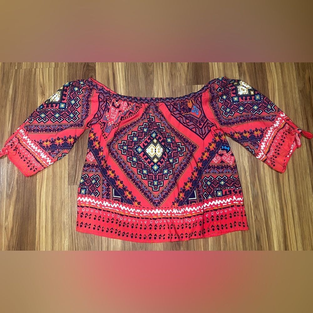 Flying Tomato Red Off-Shoulder Aztec Print Top